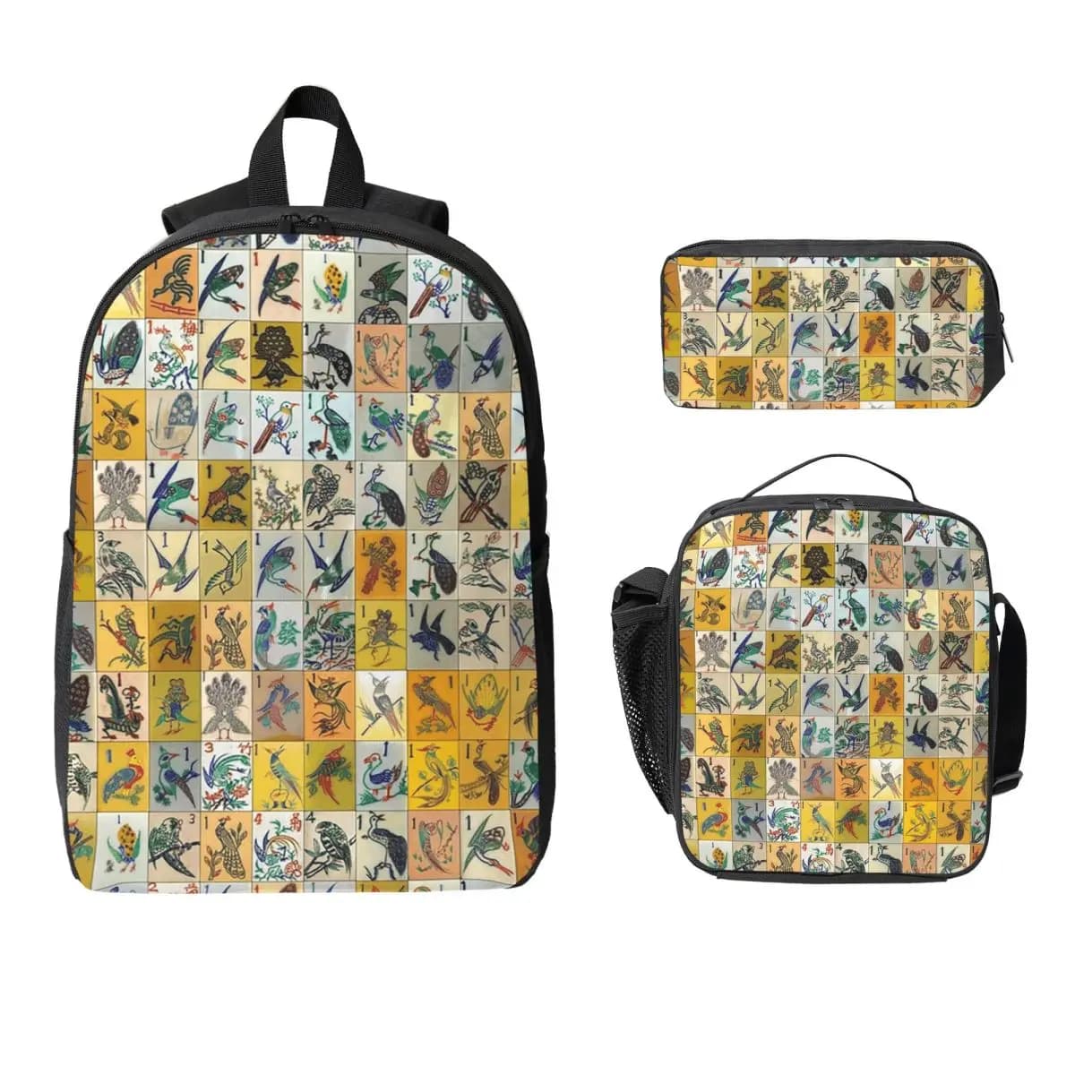 Zaino Mah Jongg Birds Mahjong Tiles per ragazzi e ragazze, borsa per libri, borsa per la scuola, borse a tracolla per laptop, 3 pezzi, borsa termica per il pranzo, astuccio per matite