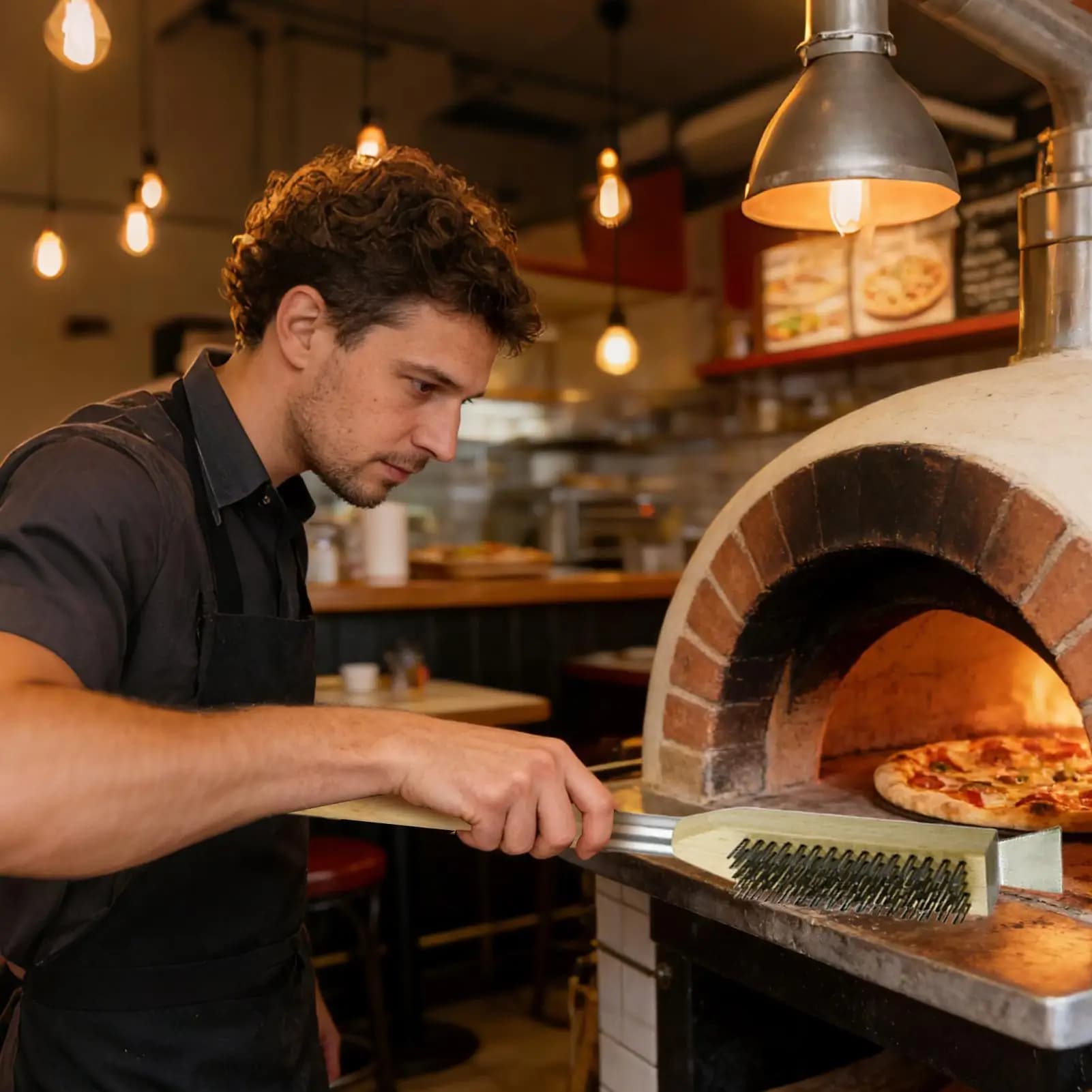 Spazzola per pietra da pizza con manico lungo in filo metallico, raschietto per la pulizia, strumento per forno da esterno, spazzola per griglia, padella, cucina