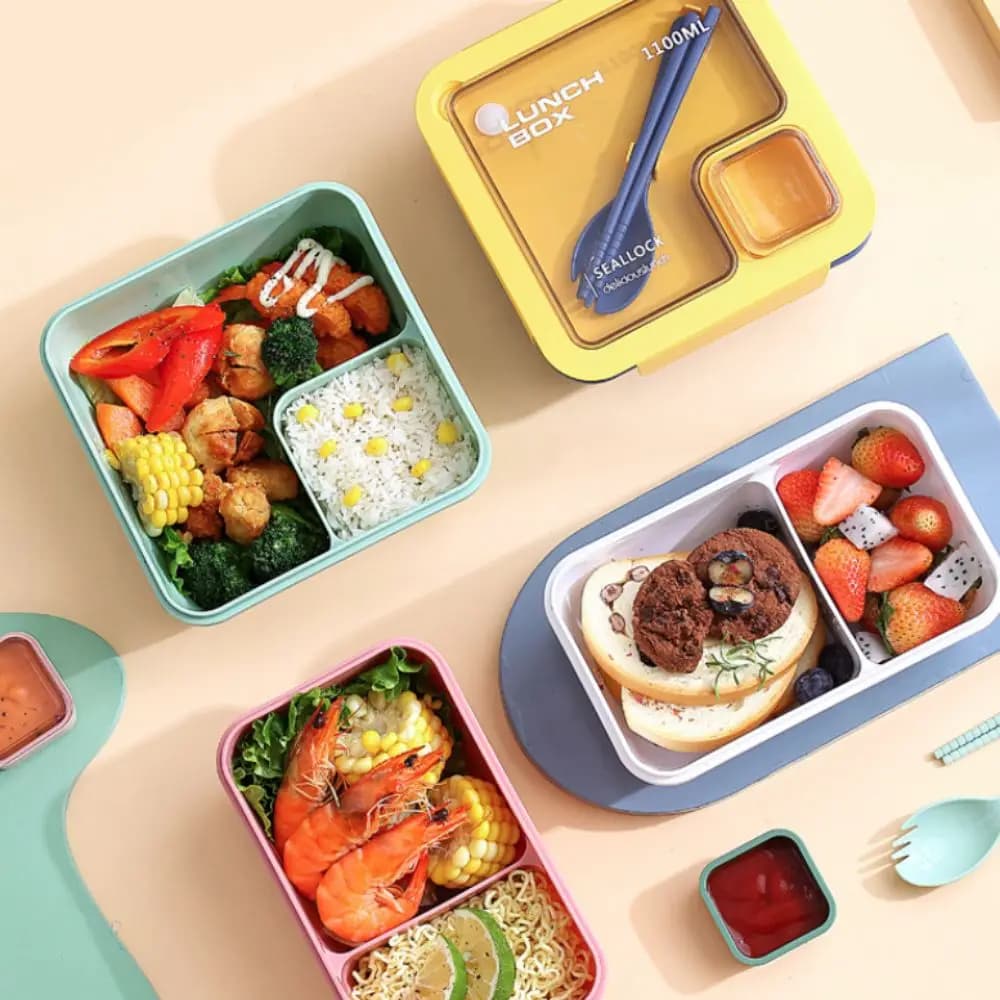 3 Piece Leak Proof Lunch Box Set with Lunch Bag and Cutlery Plastic Food Storage Container with Compartments Microwavable
