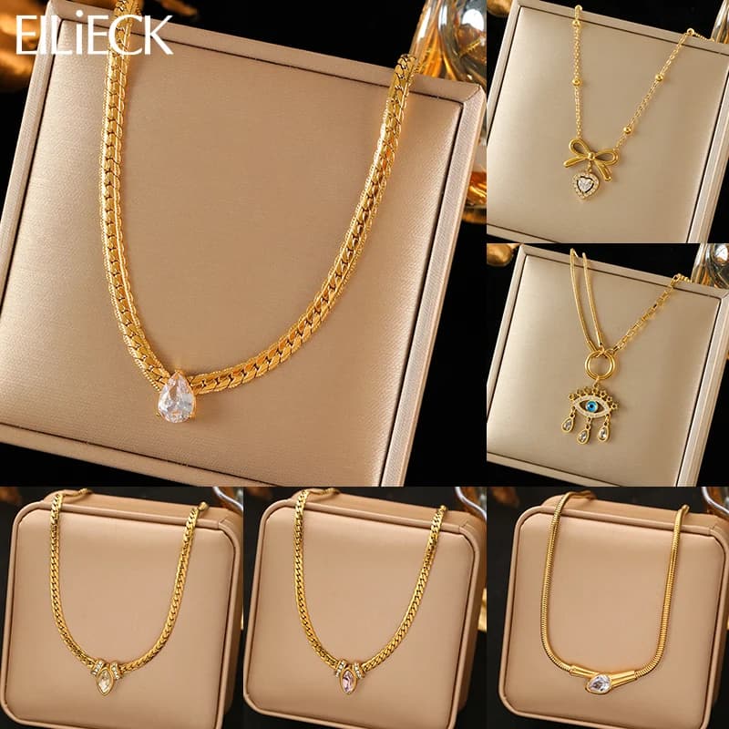 EILIECK 316L Stainless Steel Exquisite Cubic Zirconia Chain Necklace For Women Minimalist 18K Gold PVD Plated Daily Jewelry Gift