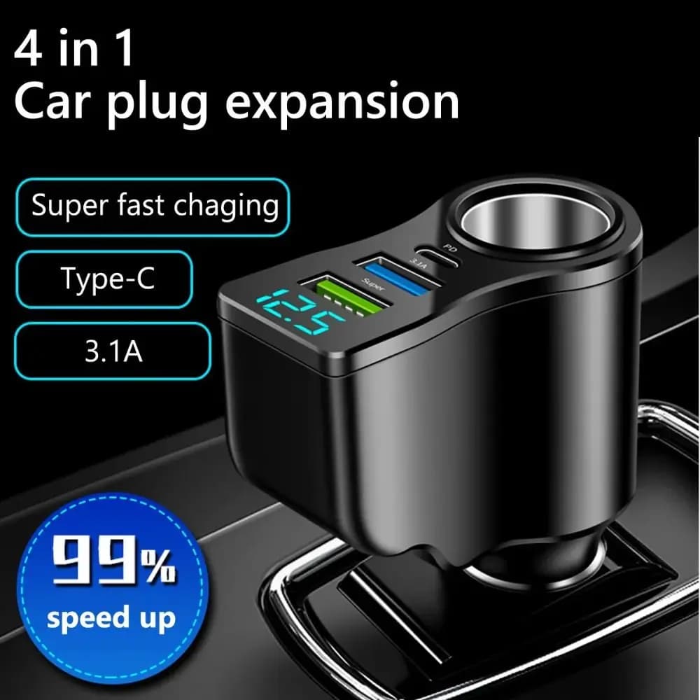 Comodo caricabatteria da auto doppio USB 4 in 1 Caricatore rapido da 66 W Caricatore per telefono automatico Adattatore per caricabatteria da auto universale USB e tipo C da viaggio