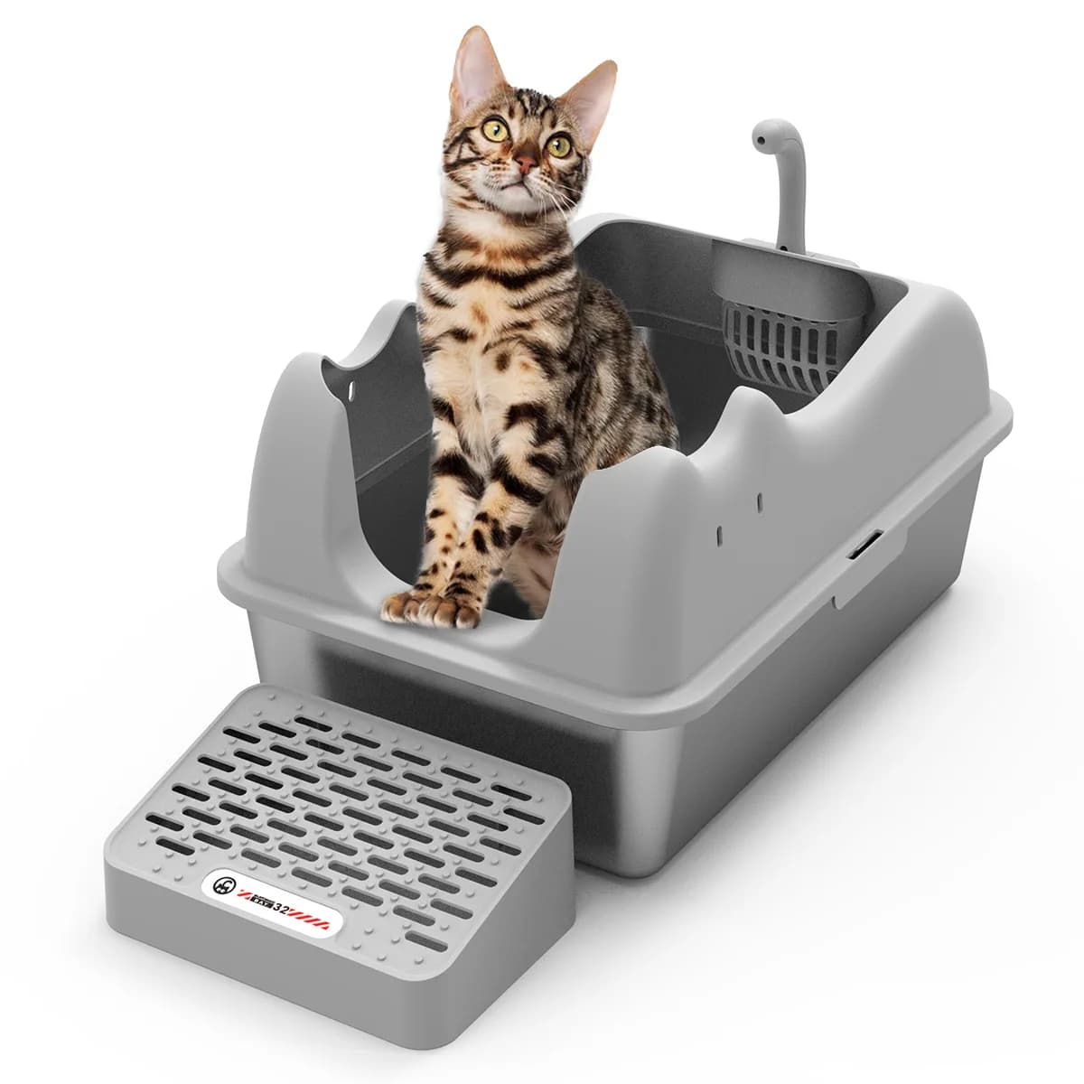 Grande lettiera per gatti in acciaio inossidabile su un lato alto con paletta per pulizia facile Pedana appiccicosa anti-perdite Design chiuso