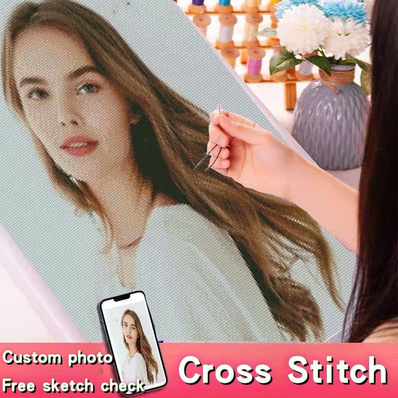 Kit per Ricamo a Punto Croce Personalizzato con Foto, Filo di Cotone 11CT, Disegno Fai-da-Te, Lavoro a Mano DMC, Regalo per la Casa Stampato su Tela