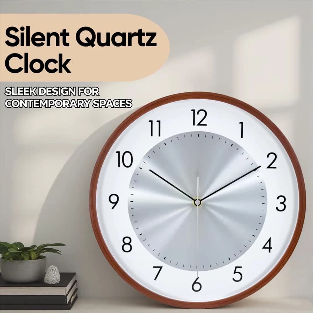 Vintage Round Silent Wall Clock Imitation Wood Grain Dial Tempered Glass Cover Clock for Living Room Bedroom Kitchen Office Gift