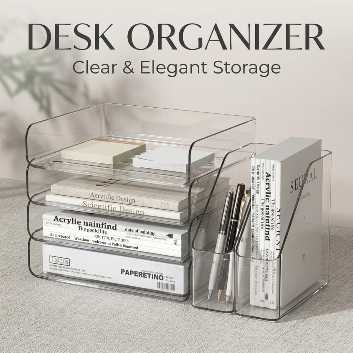 Organizzatore da Scrivania Impilabile a 3 Livelli in Acrilico Trasparente, Combo Fermalibri e Portapenne, Elegante Soluzione di Archiviazione per Ufficio e Casa