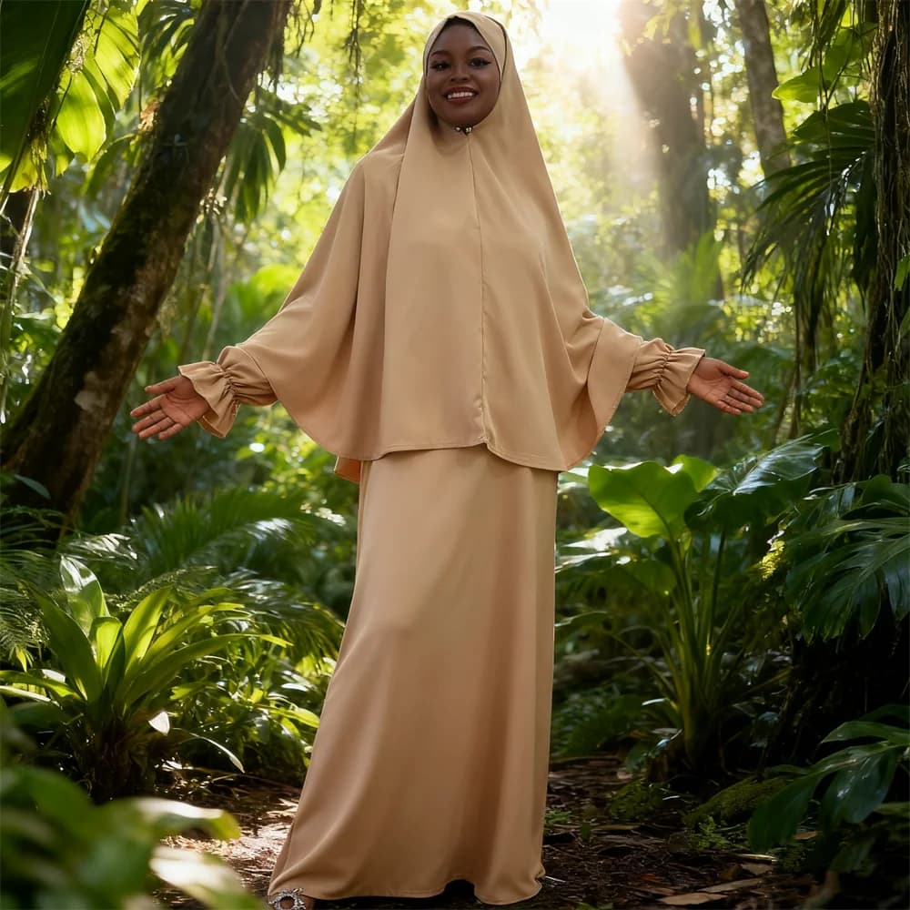 Set da 2 pezzi Donna Musulmana con cappuccio Djellaba Abito Islam Preghiera Indumento Abbigliamento Khimar Caftano Hijab Abaya Caftano Robe Eid Ramadan