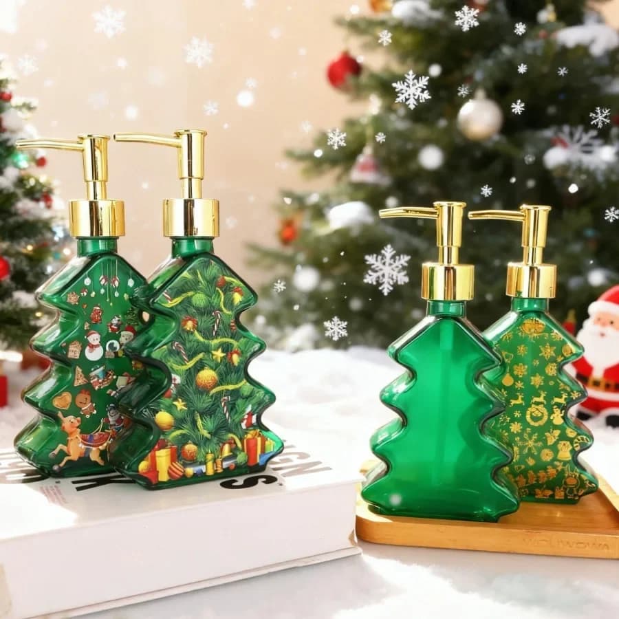 Christmas Design Glass Dispenser Bottle Refillable Pump for Shampoo Soap Lotion Holiday Bathroom Decor Gifts Vanity Organizer
