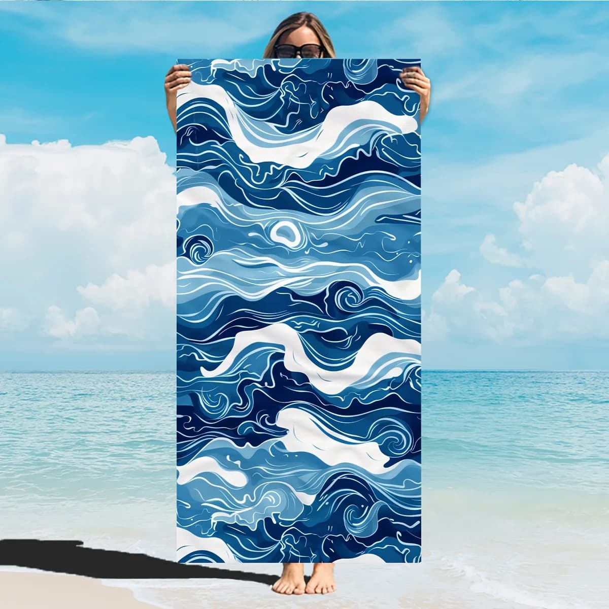 Telo Mare Onda Oceanica - Motivo Onde Blu e Bianche, Morbido Microfibra Asciugatura Rapida Anti-Sabbia per Viaggi Piscina Estate