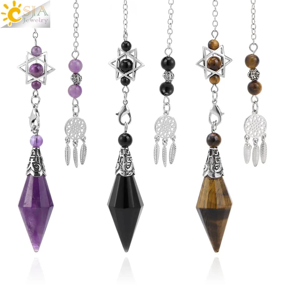 CSJA Pietra Naturale Cristallo Pendolo per Reiki Dowsing Divinazione 12 Sfaccettatura Punto Hexaonal Ciondolo Fascino Spirituale Penduli H749