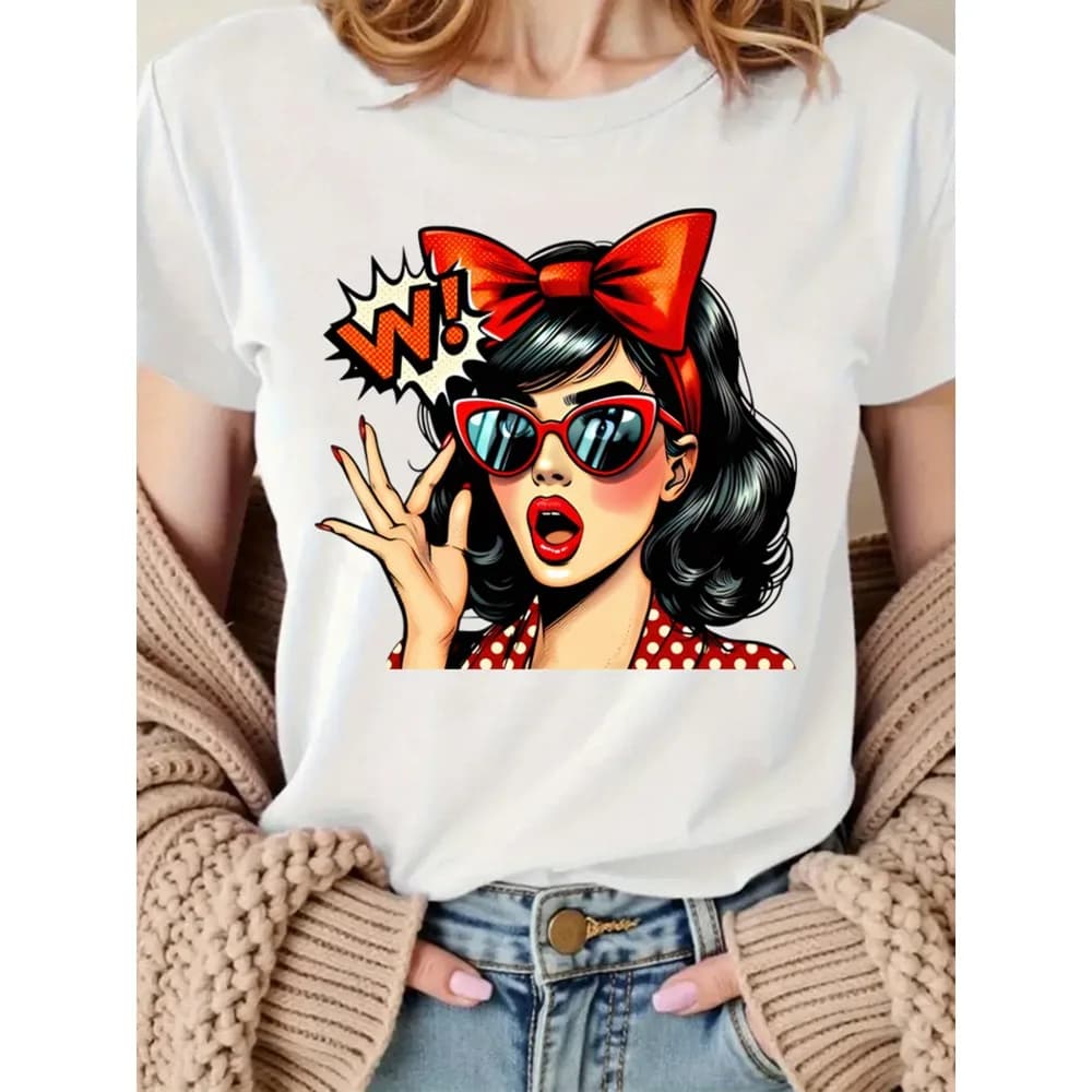 Retro Pop Art Pattern Printed T-shirt Retro 1950s Emblem Style Casual Short Sleeve T-shirt Fun Comic Book Women's Top