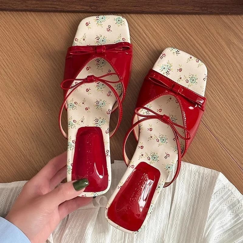 2026 New Women Slip On Wedge Sandals Square Open Toe Mid Heel Slippers Pink Bow Flower Decor Comfort Summer Ladies Footwear