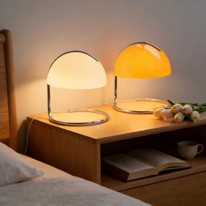 Lampade da tavolo a LED con base in ferro Bauhaus Semicerchio Paralume in vetro bianco/arancione Moden Soggiorno Camera da letto Ristorante Lampada da scrivania per ufficio