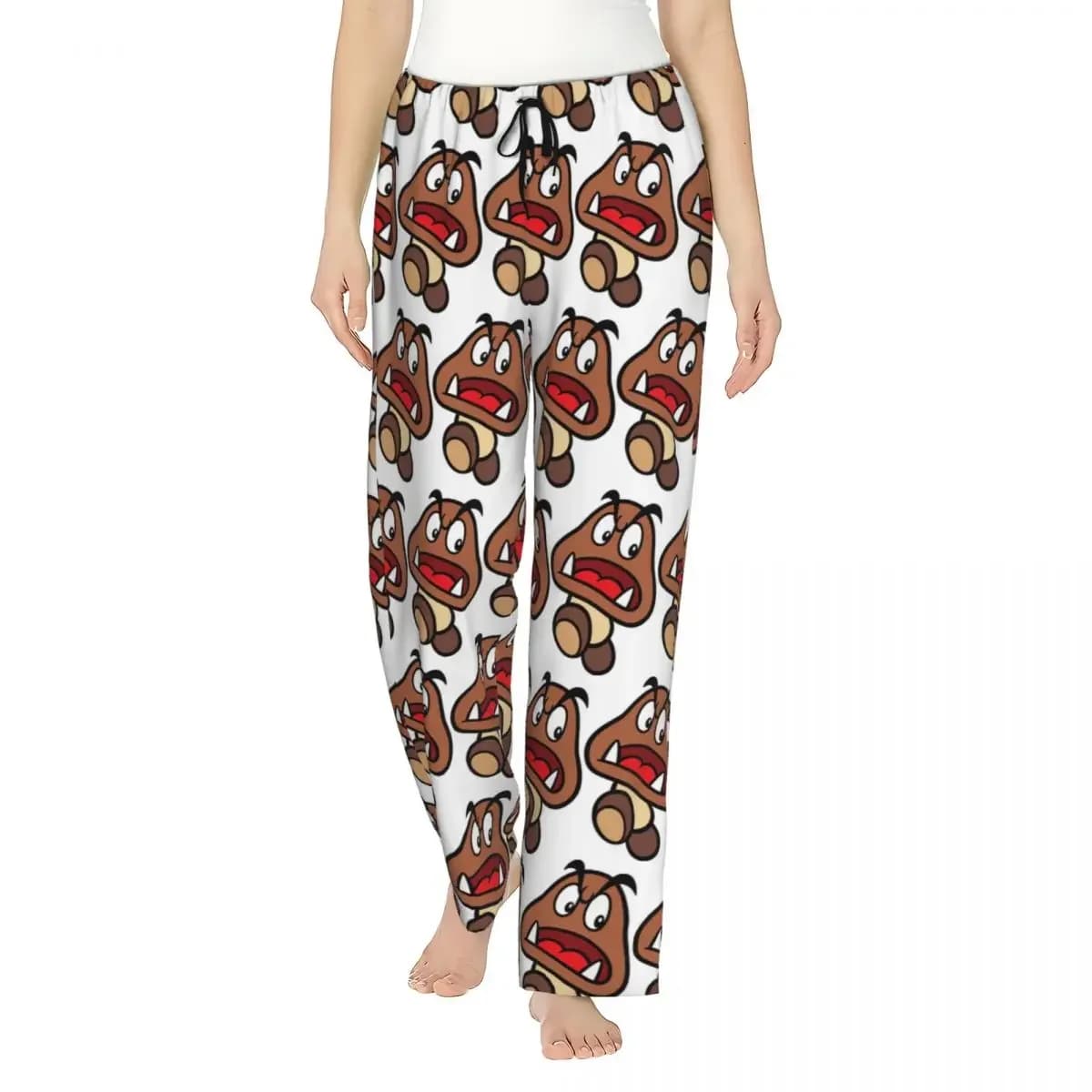 Custom Cartoon Game Goomba Face Women Pajama Pants Lounge Sleep Sleepwear Bottoms with Pockets