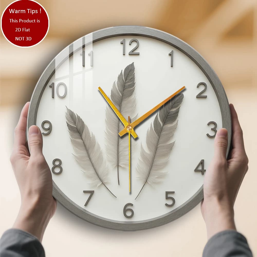 Tempered glass wall clock with three gray feathers, suitable for wall decorations or table displays everywhere