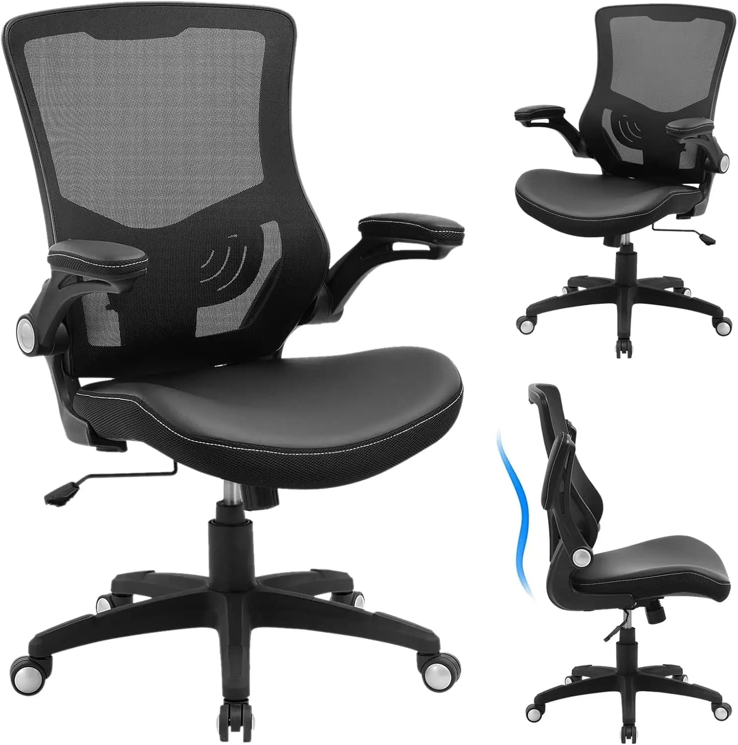 Sedia da Ufficio Ergonomica con Supporto Lombare Regolabile, Sedia da Scrivania in Pelle PU, Girevole con Schienale in Rete e Braccioli Ribaltabili