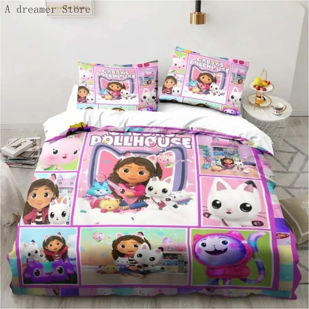Gabbys Dollhouse Personaggi Set biancheria da letto Copripiumino cartone animato Biancheria da letto rosa Singolo matrimoniale Queen King Size per set letto ragazza