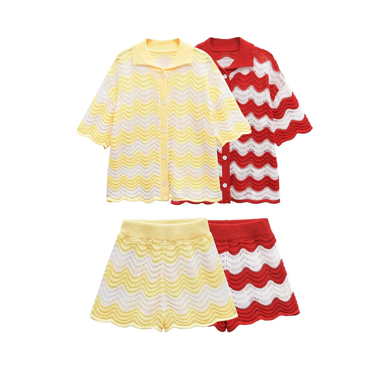 Nuovo modello a onde maglione lavorato a maglia casual camicia stile hawaiano lavorato a maglia scava fuori set sportivo da uomo e da donna