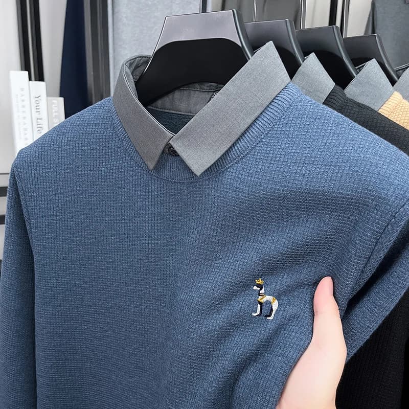 Maglione lavorato a maglia da uomo di qualità di lusso Falso in due pezzi Cartoon Dog Ricamo Manica lunga Colletto della camicia invernale Business Casual Abbigliamento da uomo