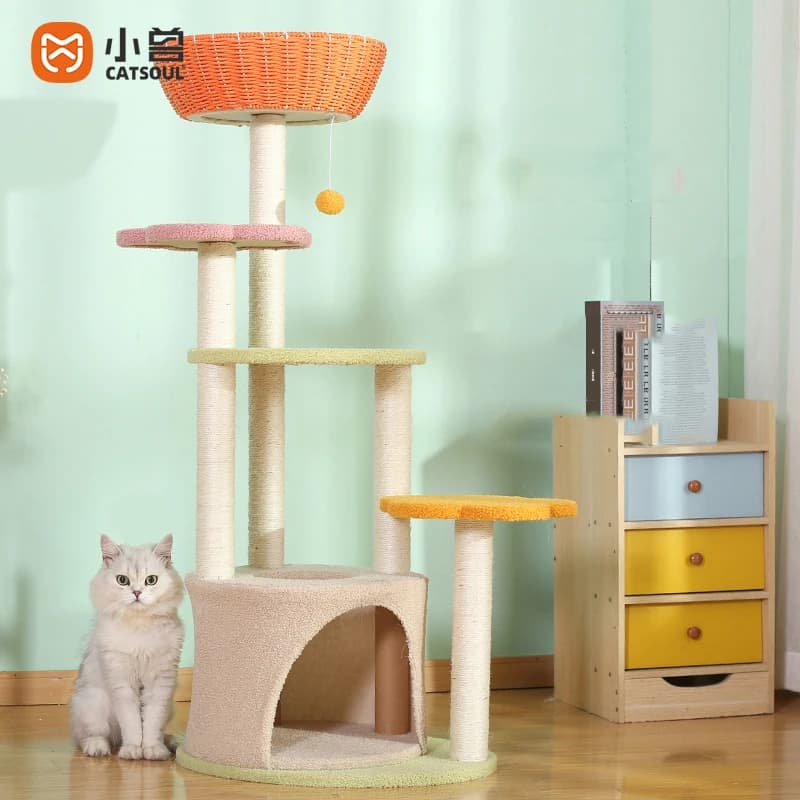 Torre per Gatti Moderna da 51 Pollici, Lussuosa con Intreccio in Rattan, Cuccia per Gatti, Gioco per Arrampicarsi, Tiragraffi per Gatti