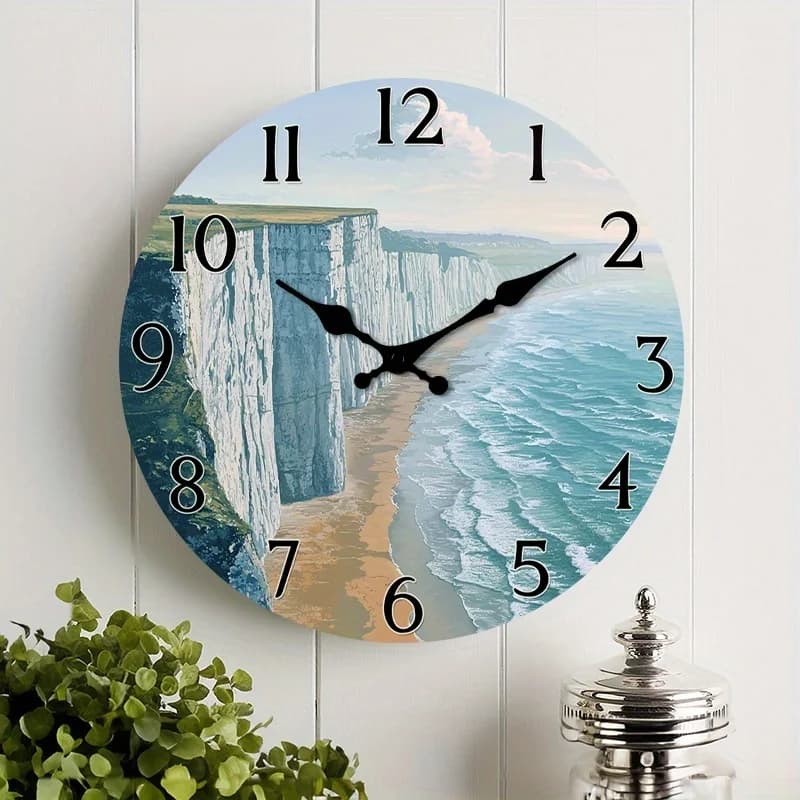 1 orologio da parete silenzioso che non ticchetta, realizzato in legno, con un design decorativo rotondo raffigurante scogliere costiere e onde dell'oceano