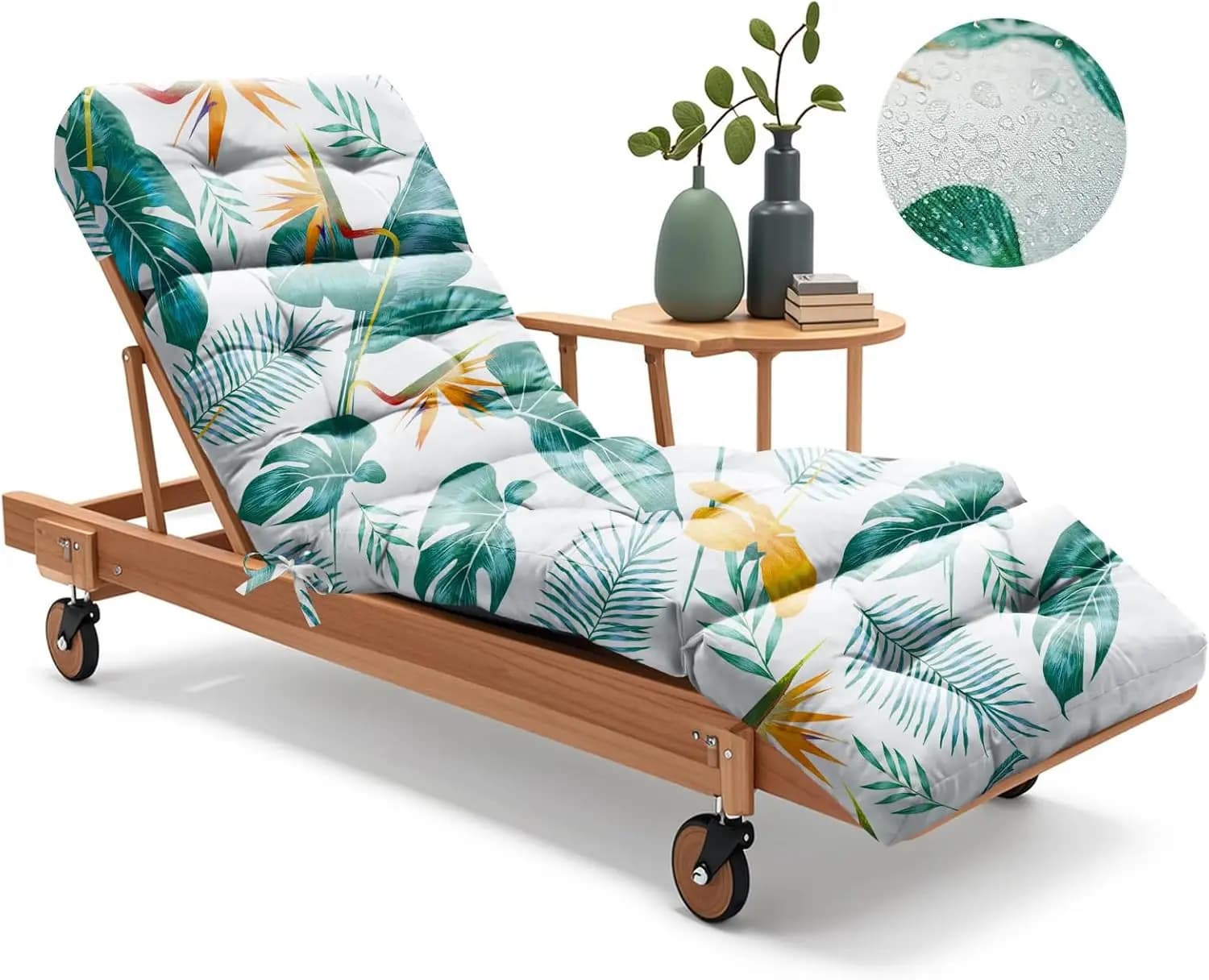 Cuscino per Chaise Longue da Esterno 75x23x4.7 Pollici, Impermeabile per Patio e Piscina con Lacci, Motivo Foglia Giallo-Verde