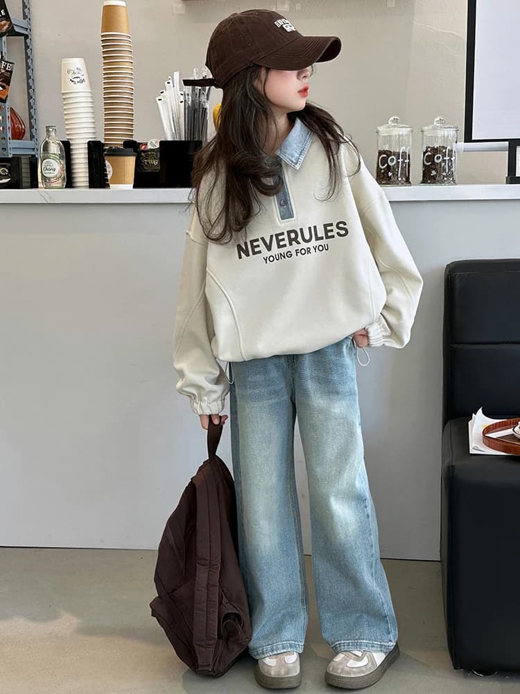 Completo casual primaverile alla moda per bambina, set due pezzi in cotone, felpa a maniche lunghe e jeans in denim per ragazze dai 7 anni in su.
