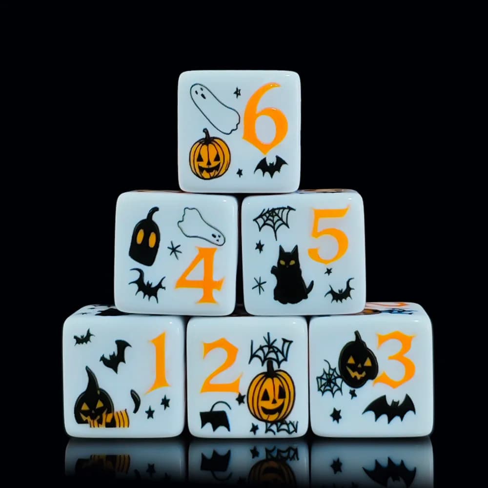 12Pcs 16MM White Acrylic Printed D6 Dice Halloween Pumpkin Ghost Bat Pattern 6-Sided Square DND Dice Tabletop RPG Party Game