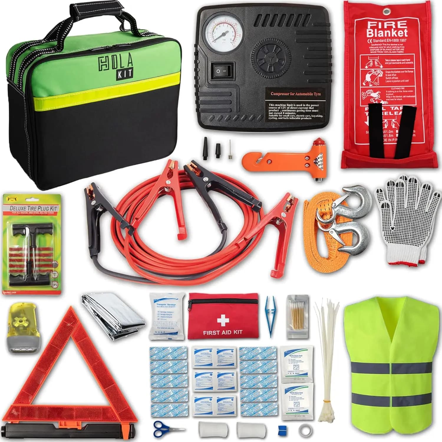 Kit di emergenza per auto da 78 pezzi con cavi di ponticello, compressore d'aria, cinghie di traino, strumenti di pronto soccorso e sicurezza per tutti i driver