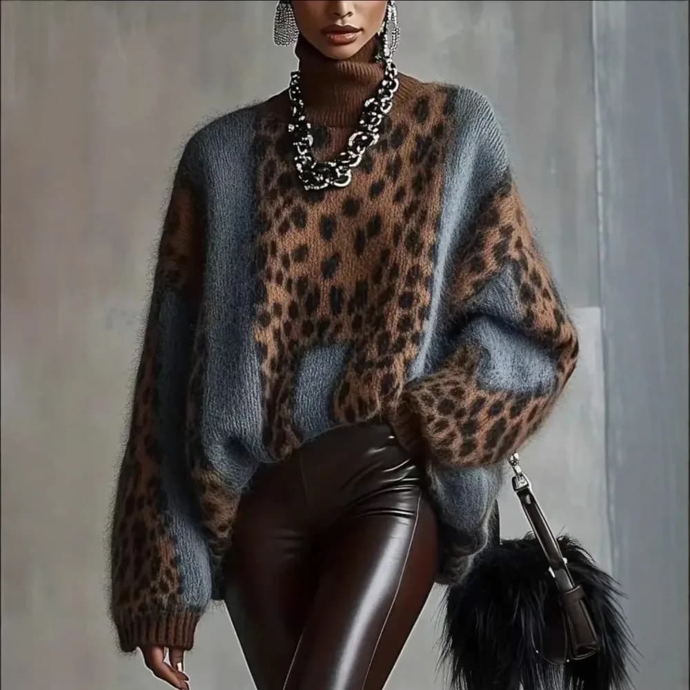 Women's Patchwork Leopard Print Turtleneck Sweater Long Sleeve Loose Knit Pullover Warm Autumn Winter Casual Knitwear Jumper