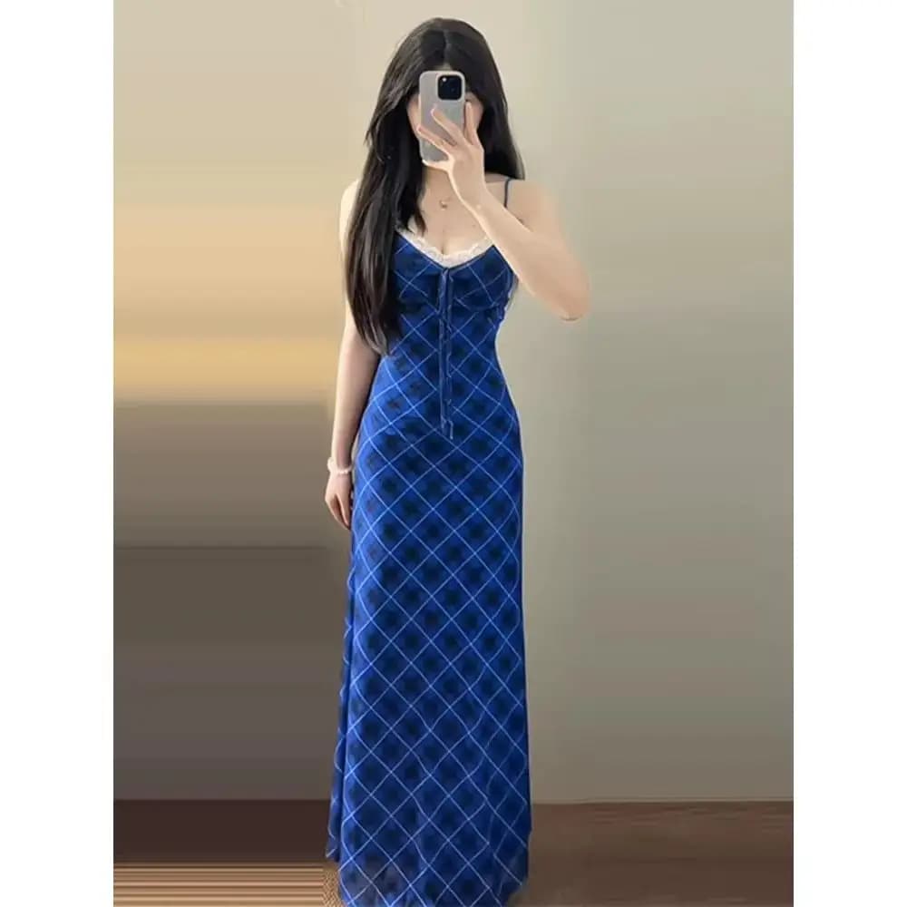 Stunning Klein Blue Plaid Strapless Long Dress Women's Summer 2026 New Pure Desire Sweet Spicy Waist-Cinching Korean Style