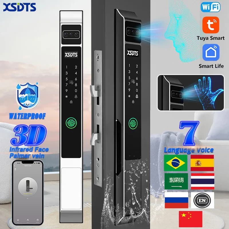 Tuya WiFi Elettronico Smart Door Lock 3D Face Palm Vein Password Chiave Impronta digitale Porta scorrevole in vetro di alluminio impermeabile per esterni