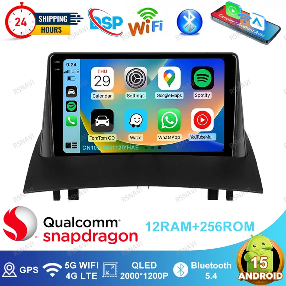 Android 15 Autoradio for Renault Megane 2 2002-2009 QLED 4G LTE Wireless Carplay Auto Viedo BT Stereo Multimedia Qualcomm