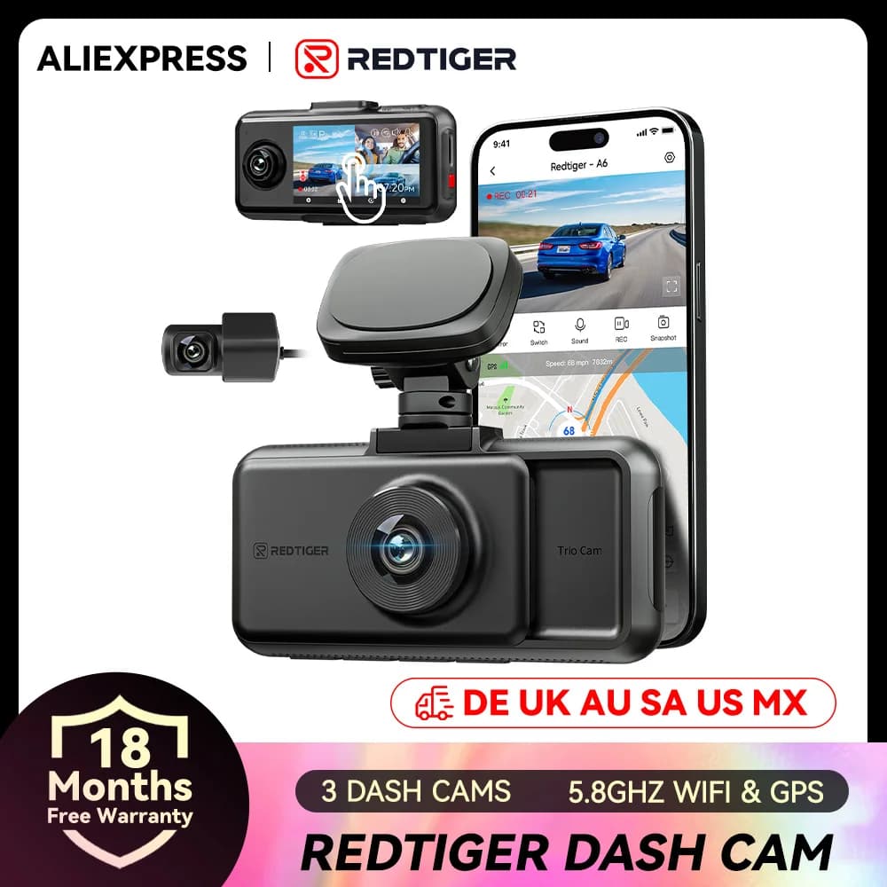 REDTIGER A6 4K Dash Cam Built-in 5.8Ghz WiFi GPS Car DVR Update Night vision Parking monitor 3 cameras Front Cam/cabin/rear