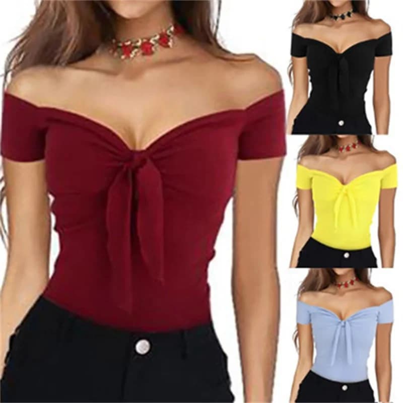 T-shirt slim da donna primavera ed estate 2024 euro-n in puro colore con scollo a V elegante beach party