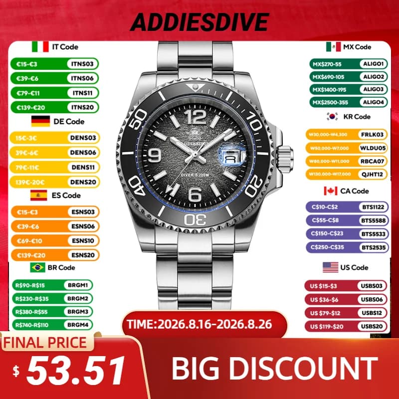 ADDIESDIVE Nuovo 2025 Orologio da uomo 200m Impermeabile Lunetta in ceramica Impermeabile 200M Orologio da polso al quarzo Orologi subacquei super luminosi