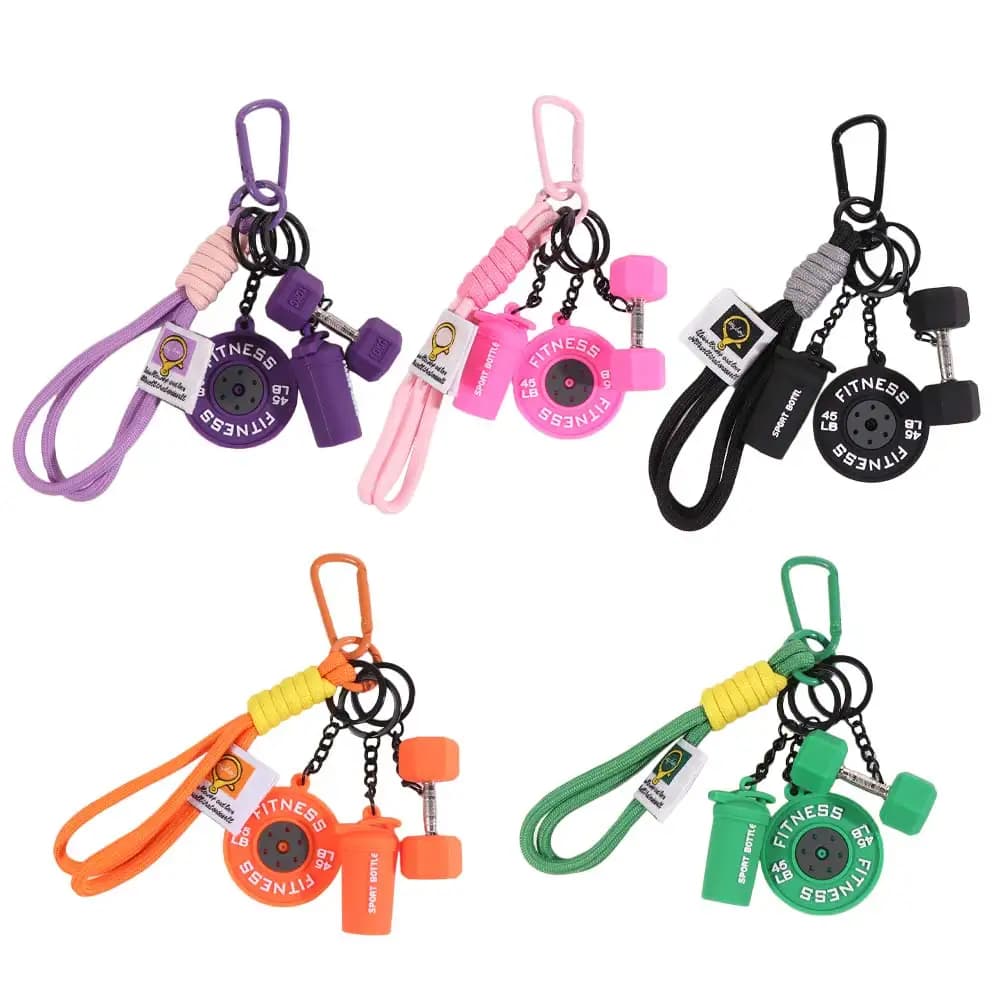 Keyring with barbell discs, kettlebells, burrs and simulated handlebars, bag pendant, fitness series INS, gift for friends