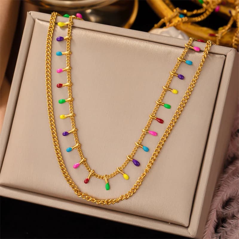 Ciondolo collana girocollo in acciaio inossidabile 316L New Fashion Fine Jewelry multicolore a 2 strati con ciondolo a catena con perline rotonde per le donne