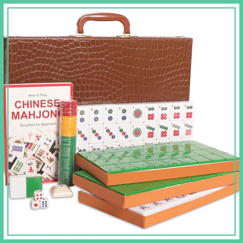 Set Mahjong Cinese, 146 Tessere Numerate Grandi (3,8 cm) con Valigetta Marrone
