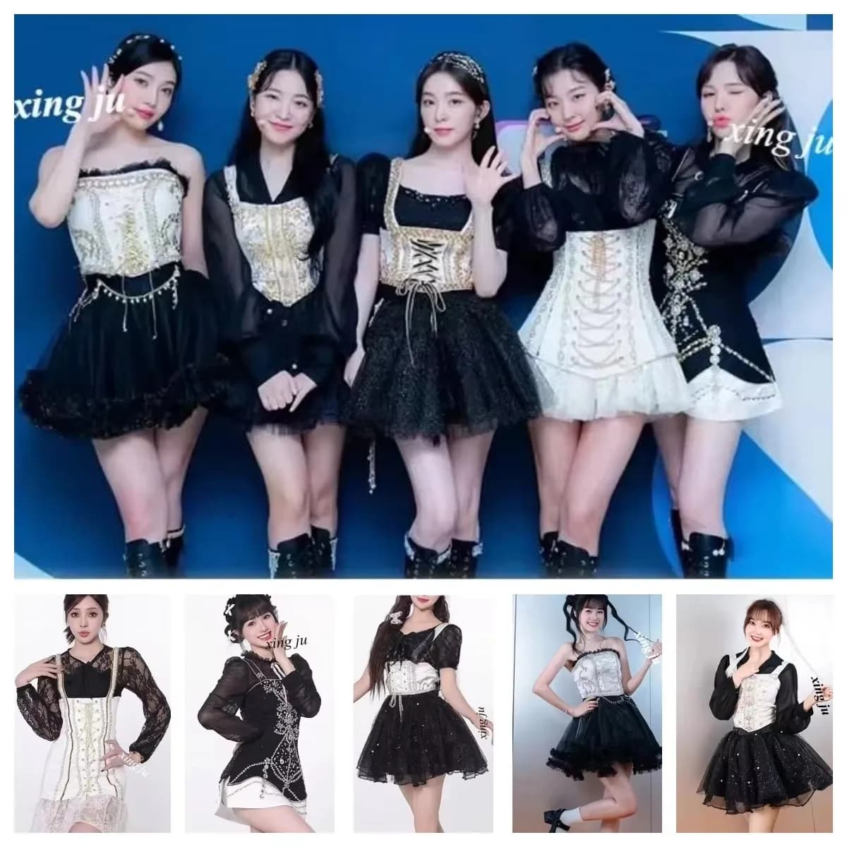 Costume da ballo jazz Kpop Xing Ju, top a bretelle sexy, gonna corta, abito corto coreano da donna, in rete trasparente, stile fata