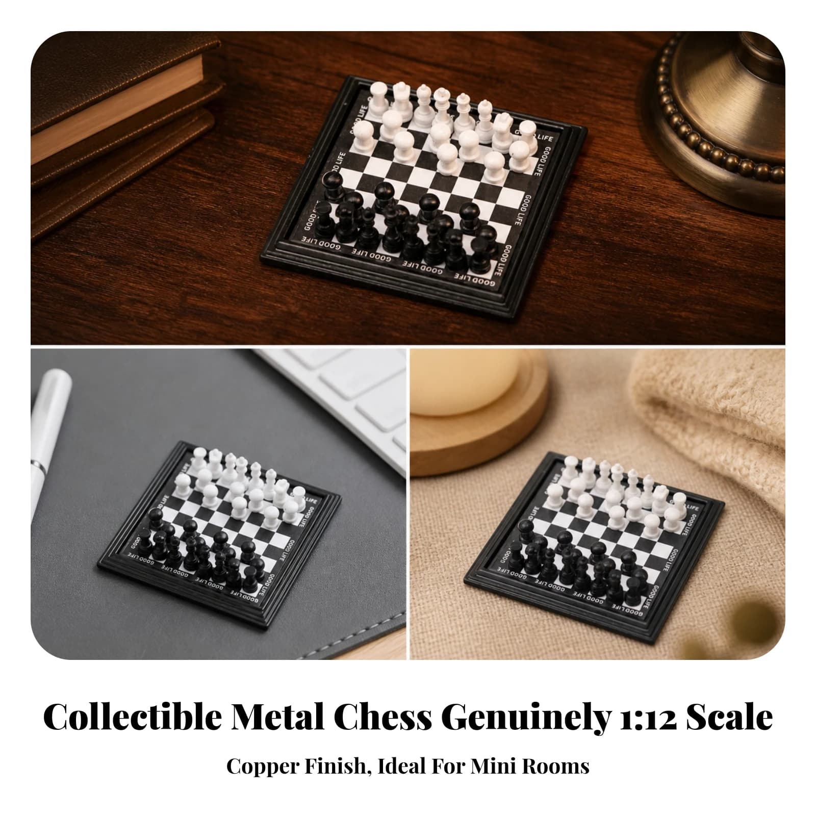 Miniature Metal Chessboard Space-Saving Dollhouse Miniature Chess Set Mini Chessboard with Sculpted Pieces Tabletop