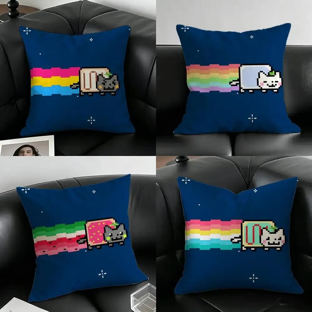 Artwork Nyan Cat Cushion Cover Natural Linen Pillowcase Set, All-in-One Decor for Sofa, Bedroom & Chair