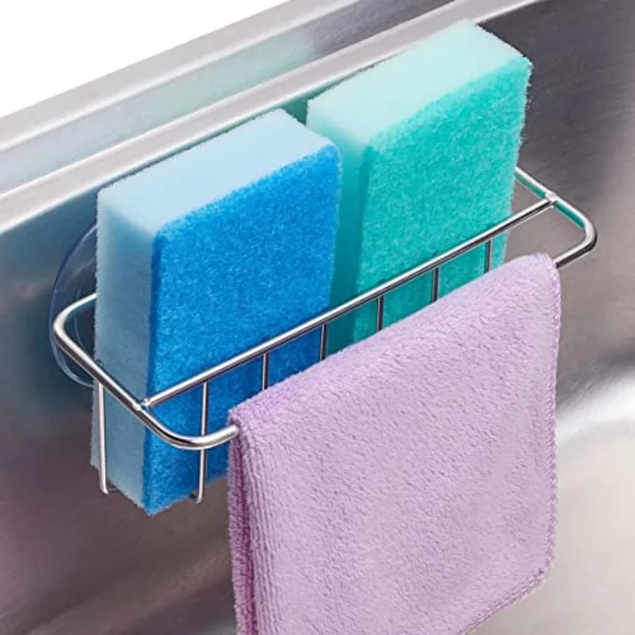 Porta spugna per lavello Caddy per lavello da cucina Appendiabiti per piatti 2 opzioni di sospensione Ventose e gancio adesivo SUS304 Stainles
