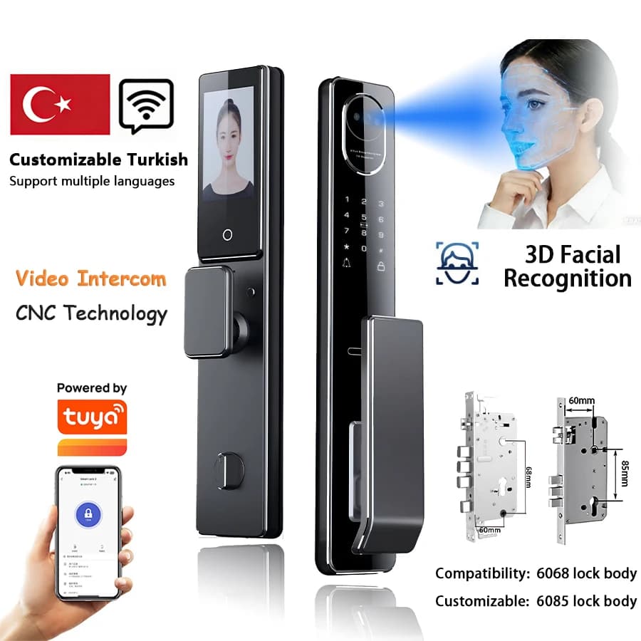 Fully Automatic High Security Smart Lock with 3D Facial Recognition Camera and Remote Control via Tuya App