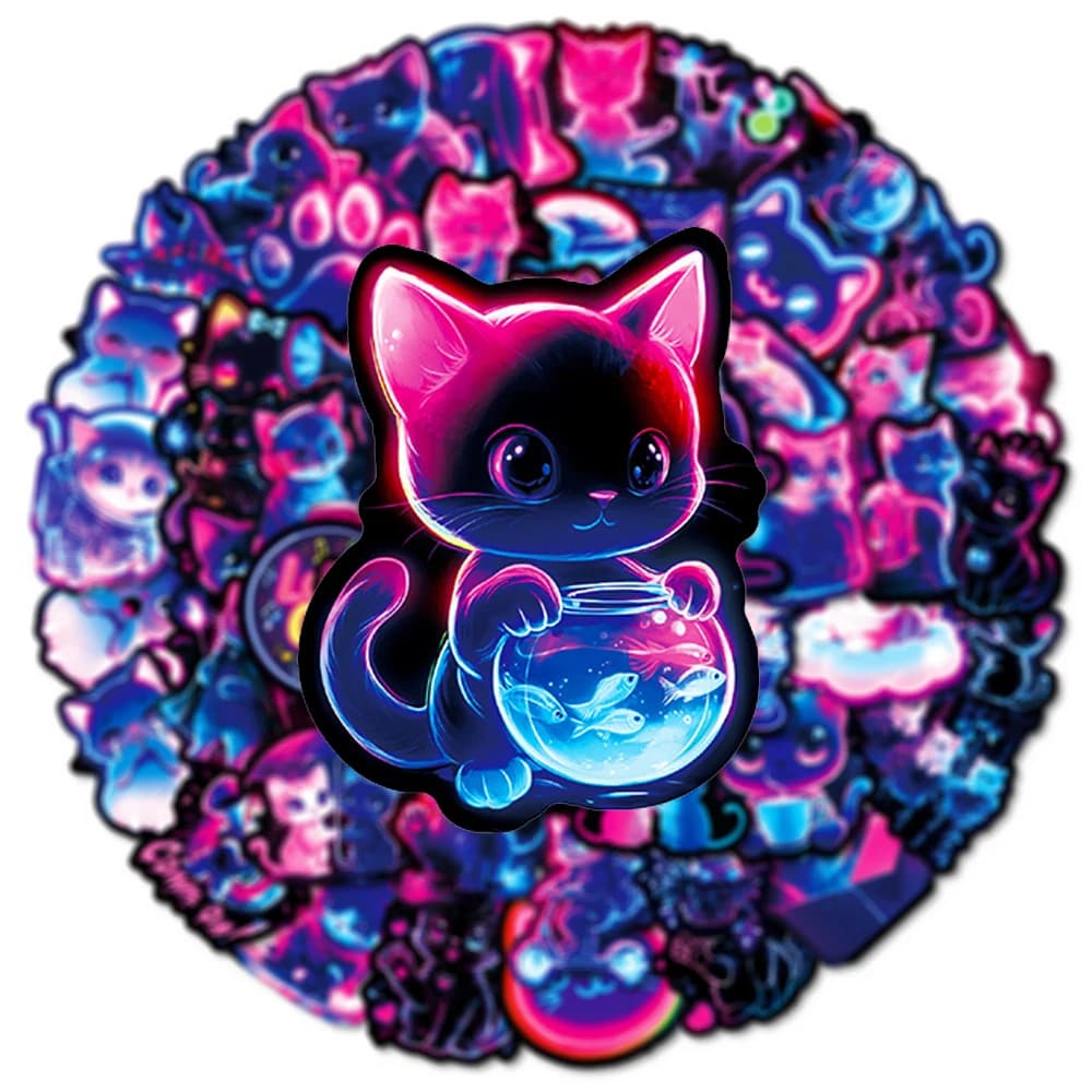 10/30/50pcs Neon Light Animal Cat Cartoon Stickers Aesthetic Decal DIY Skateboard Phone Suitcase Cute Decoration Sticker for Kid