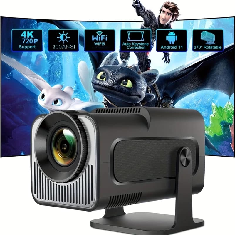 Mini Proiettore Video Smart HY320 4K, 720P HD, Luminosità 200 ANSI, per Android 11.0, 180° ° Girevole per Home Theater e Uso Esterno