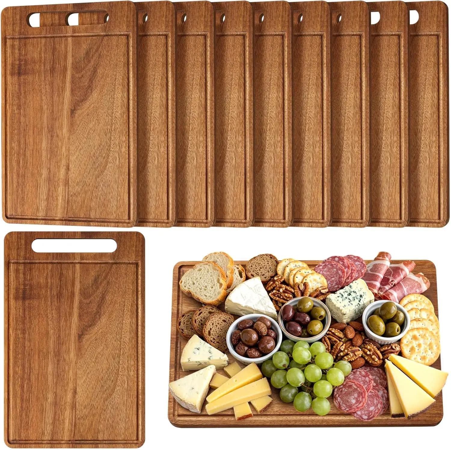 Set of 10 Acacia Wood Taglieri with Handle, 12 x 7,8 Inches, for Kitchen, Serve, Cut Pizza and Bread