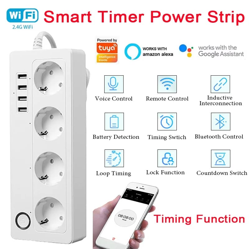 TUYA Smart Multi-Port with WiFi socket and USB port, Remote Control via App, Bluetooth Electric socket for Home and Office, EU/US Plug