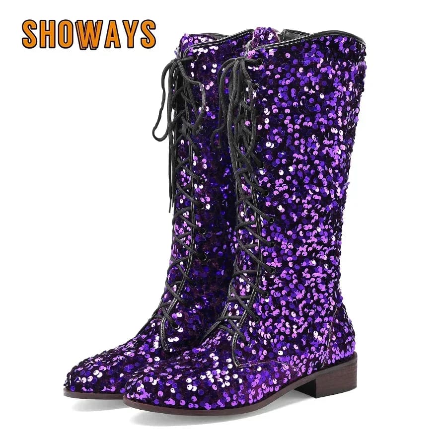 Winter British Women Mid-calf Boots Pink Blue Sequined Cloth High Block Heels Round Toe Lace-up Ladies Lace-up Zipper Half Boots