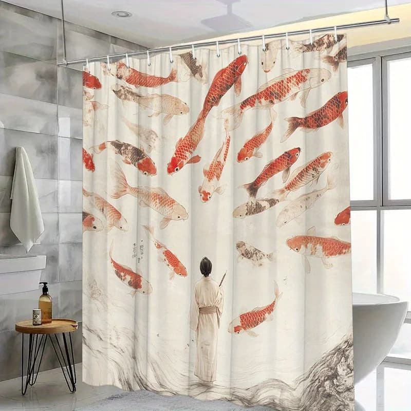 Tenda da doccia Koi Fish da 1 pezzo - Scena giapponese, pesce rosso e arancione, paesaggio sereno, poliestere, lavabile