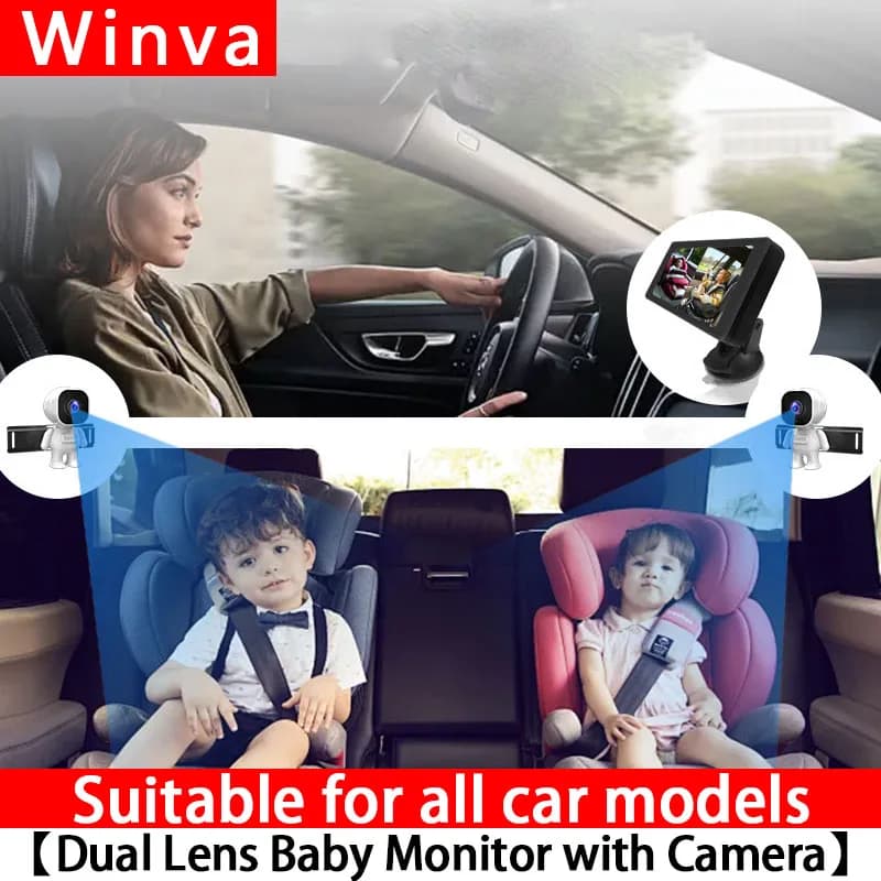 Baby monitor per auto a doppia lente 1080p, metodi di installazione multipli, sedile posteriore visibile, obiettivo regolabile, schermo da 6,86 pollici